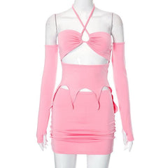 Halter self tie backless gloves hollow out 2-way mini skirt set