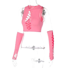 Sleeveless round neck solid hollow out gloves crop top - Final Sale