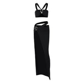 O ring hight slit hollow out ruched backless cami maxi skirt set