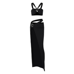 O ring hight slit hollow out ruched backless cami maxi skirt set