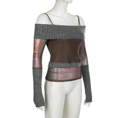 Mesh patchwork knitted contrast off shoulder long sleeve cami top