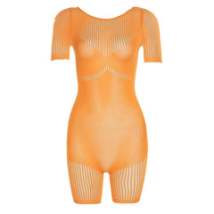 Fishnet short sleeve hollow out see through solid romper