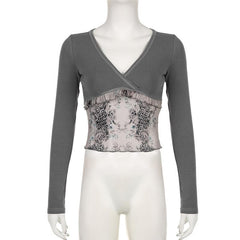 Leopard print mesh patchwork long sleeve v neck top