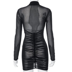 Ruched long sleeve cross front sheer mesh see through mini dress