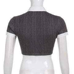 Textured short sleeve patchwork necktie turnover collar crop top