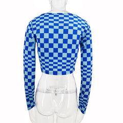 Plaid contrast button hollow out long sleeve crop top