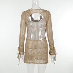 Crochet see through cowl neck long sleeve hollow out mini dress