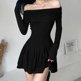 Pleated off shoulder long sleeve solid ruched mini dress