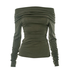 Ruched off shoulder solid long sleeve backless top