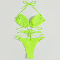 Ruched solid halter o ring self tie backless one piece swimwear