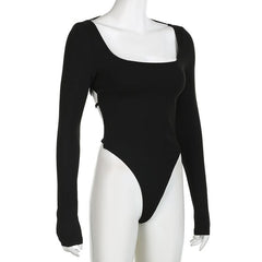 Square neck solid long sleeve backless cross back bodysuit
