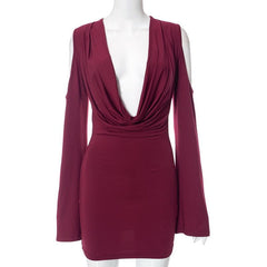 Long flared sleeve off shoulder cowl neck ruched solid mini dress