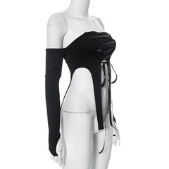 Lace up off shoulder long sleeve gloves solid tube crop top