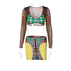 Polka dot thermal u neck contrast long sleeve zip-up mini skirt set