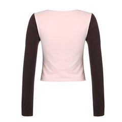 Bowknot contrast patchwork long sleeve v neck top