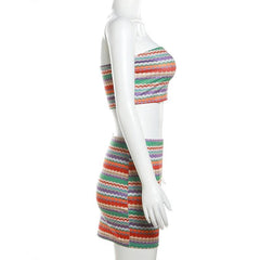 Striped contrast backless tube mini skirt set