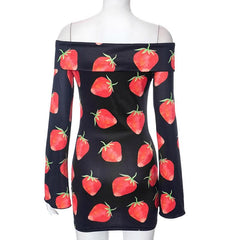 Off shoulder long sleeve strawberry print contrast mini dress