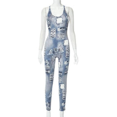 Denim print cross back u neck sleeveless jumpsuit
