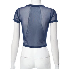Patchwork sheer mesh see through short sleeve crop top
