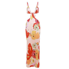 Hollow out v neck backless self tie flower print maxi dress