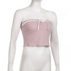 Textured lace hem backless ruffle contrast tube crop top