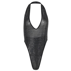 Glitter v neck low cut backless halter bodysuit