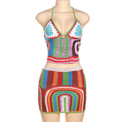 Striped v neck halter self tie contrast backless mini skirt set