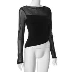 Mesh patchwork irregular solid long sleeve top