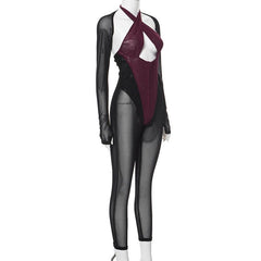 Long sleeve button halter cross front shrug mesh backless 2 piece jumpsuit