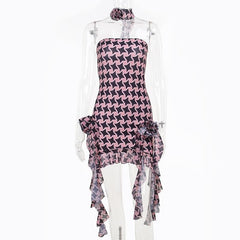 Contrast print flower applique ruched tube midi dress