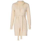 Long sleeve deep v neck turnover collar mini dress