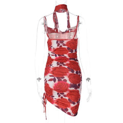 PRE ORDER - Flower print contrast drawstring cowl neck backless cami mini dress