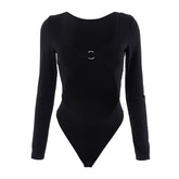 Solid long sleeve o ring hollow out u neck bodysuit