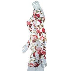 Square neck long sleeve contrast flowers print mini dress