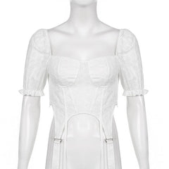 Solid square neck embroidered puff short sleeve crop top