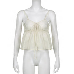 Solid ruched ruffle v neck smocked self tie cami top - Final Sale