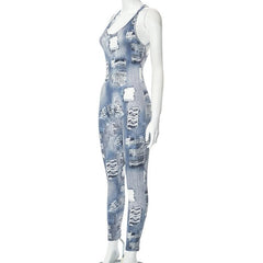 Denim print cross back u neck sleeveless jumpsuit