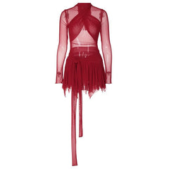 Long sleeve ruffle ruched cross front halter sheer mesh mini dress