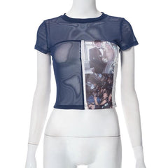 Patchwork sheer mesh see through short sleeve crop top
