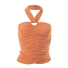Halter ruched backless mesh solid hollow out top