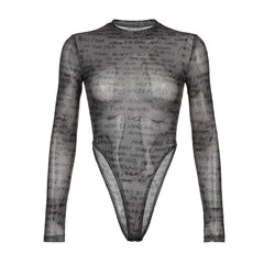 Long sleeve letter print sheer mesh see through crewneck bodysuit