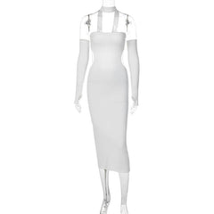 Gloves halter solid button hollow out backless midi dress