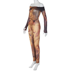 Gloves off shoulder long sleeve abstract print sheer mesh see through bodysuit pant set