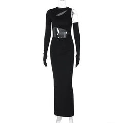 Long sleeve gloves irregular hollow out crewneck maxi dress