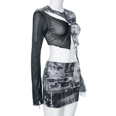 Mesh see through patchwork hollow out long sleeve mini skirt set