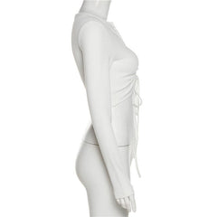 Long sleeve solid drawstring self tie tag v neck crop top