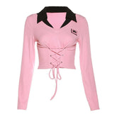 Long sleeve contrast turnover collar lace up v neck crop top