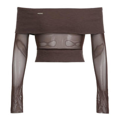 Off shoulder metal tag mesh patchwork knitted top