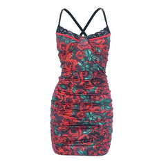 Flower print contrast lace hem cross back ruched mini dress