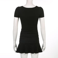 Solid ribbed ruched square neck ruffle short sleeve mini dress